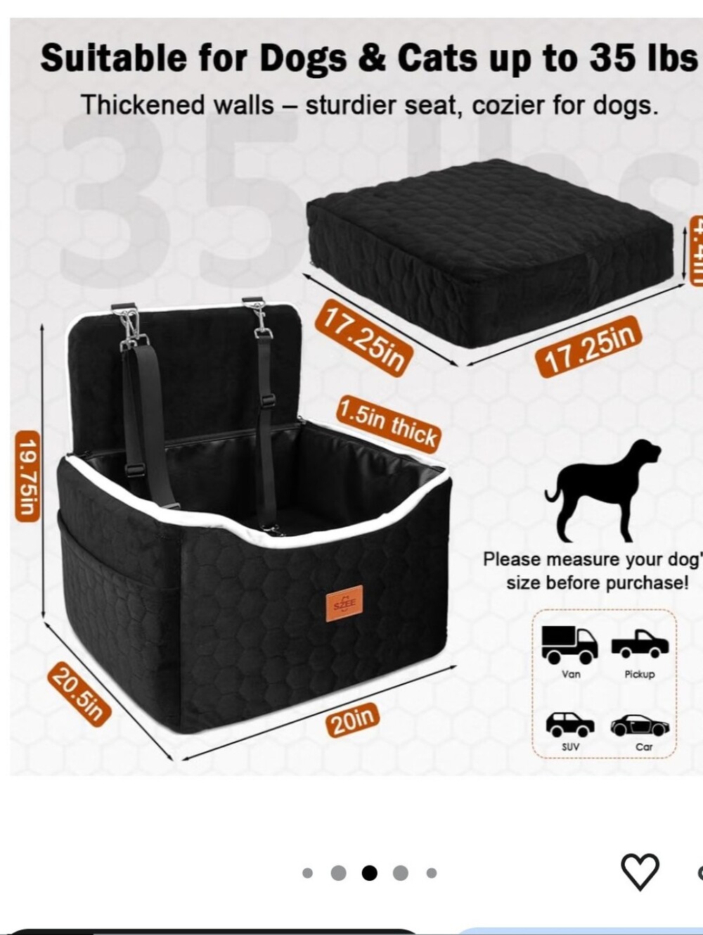 SZEE Dog Car Seat for Small/Medium Sized Dogs up to 35 lbs, Dog Booster Car Seat - Picture 2 of 6